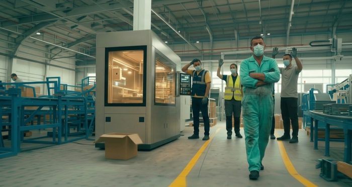 Workers stand around a machine looking uncertain while one man walks away with his arms folded.