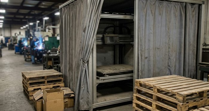 The machine sits behind a closed curtain in a warehouse corner with pallets stacked in front of it.