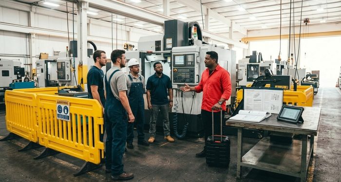 A visiting engineer shows a group of workers how to operate a new machine, a rolling suitcase beside him.