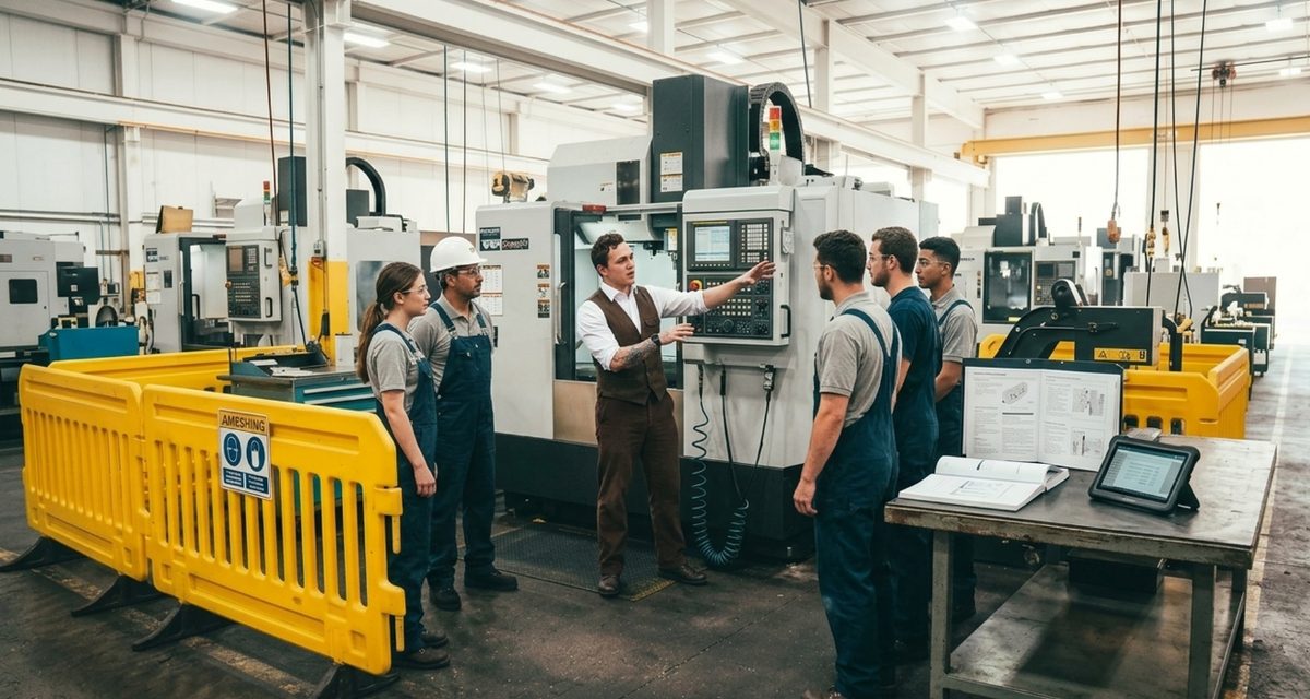 An instructor walks a group of machinists through the controls of a machine on the shop floor, manuals and a tablet on the bench beside them.